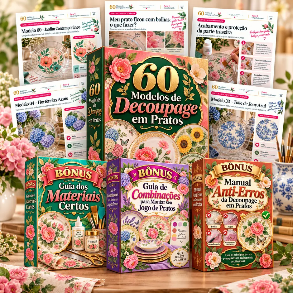 60 modelos de decoupage em pratos com guia passo a passo e bônus